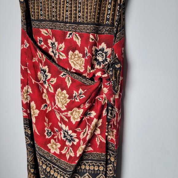 Vintage Boho Y2K Maxi Wrap Dress Floral Tribal Print SZ 16 Shoulder Pads Hippie - Picture 3 of 10